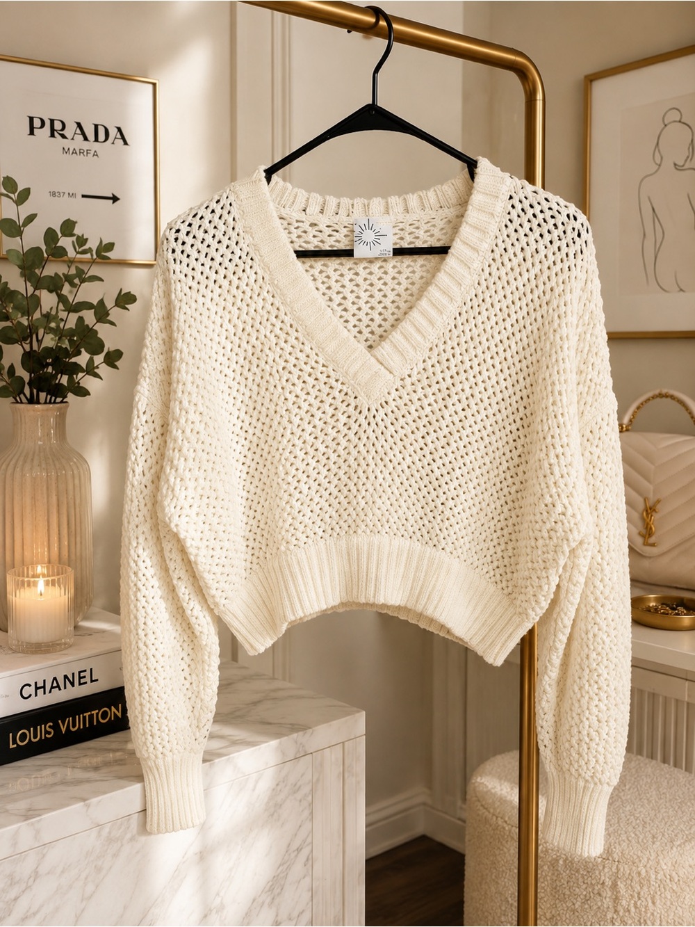 aerie Cream V-Neck Open Knit Sweater